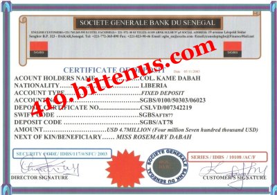 Deposit certificate Col KAME DABAH